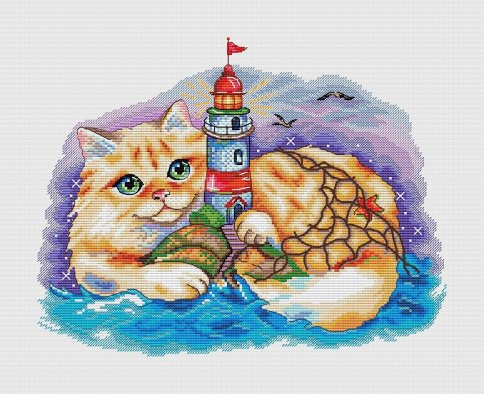 Кот и маяк, схема для вышивки крестиком