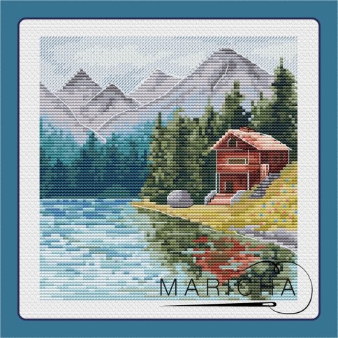 Домик у озера в горах, схема для вышивки крестом