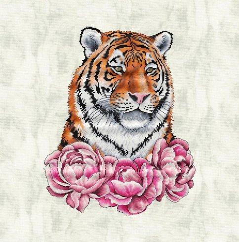 Тигр с розовыми пионами, схема для вышивки