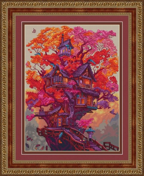Осенний дом на дереве, авторская схема для вышивки крестиком