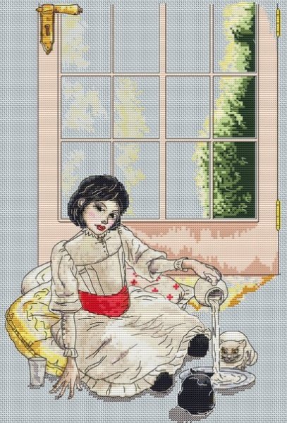 Девочка и коты, схема для вышивки 
