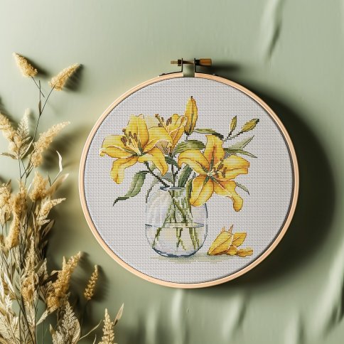 Желтые лилии в вазе, схема для вышивки крестом