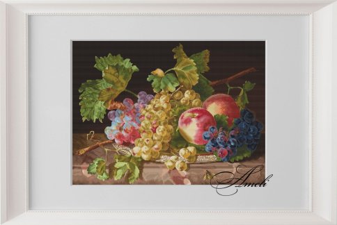 Виноград и персики с фоном, схема для вышивки 