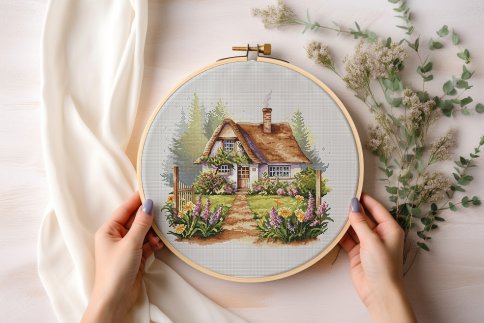Очаровательный английский дом с садом, схема для вышивки крестом