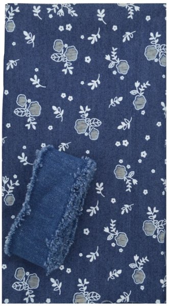 Ткань декоративная джинсовая с тесьмой, 29390, темно-синяя с цветами