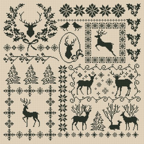 Подушка "Зима с оленями", схема для вышивки