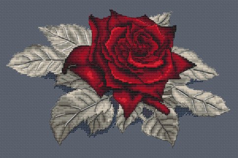 Красная роза, серые листья, схема для вышивки