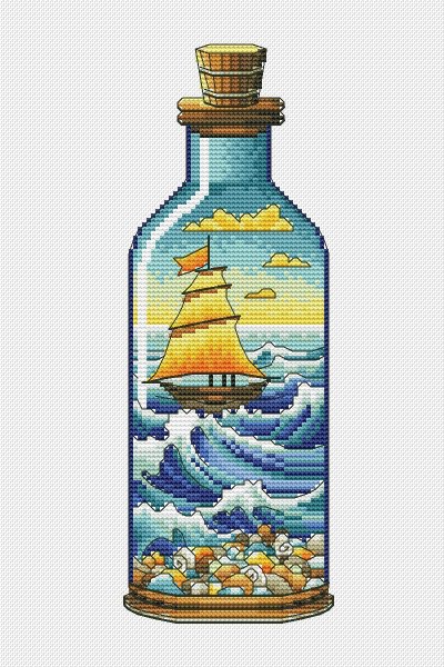Морской пейзаж. Корабль в бутылке, схема для вышивания крестиком