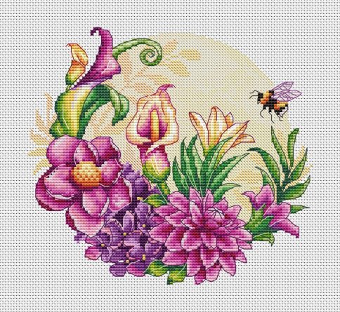 Цветы и пчела, схема для вышивки крестиком
