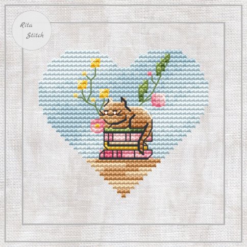 Сердце Кот и книги, схема для вышивания