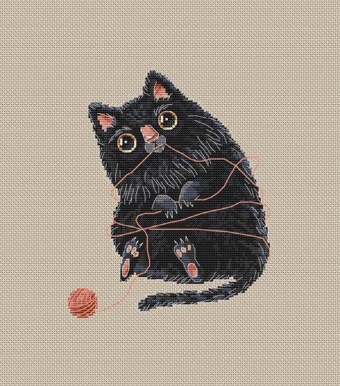 Четный кот играет с клубком, схема для вышивки крестиком