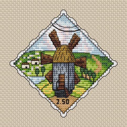 Марка "Мельница в деревне", схема для вышивания
