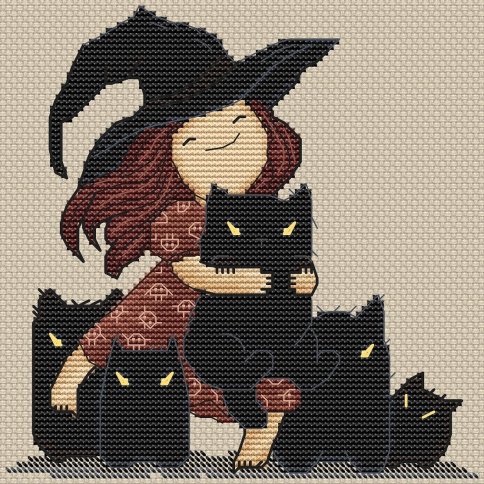 Ведьмочка и ее злые коты, схема для вышивки