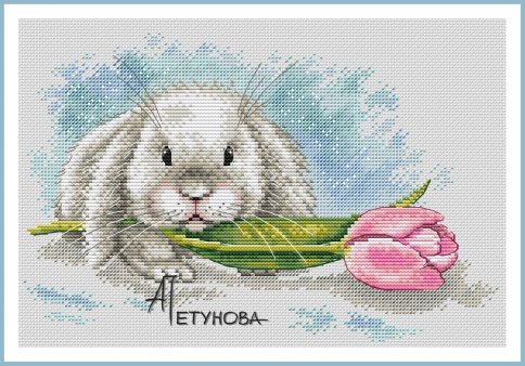 Кролик с тюльпаном, схема для вышивки