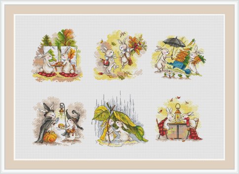 Осенняя серия зайчиков, схема для вышивания крестом