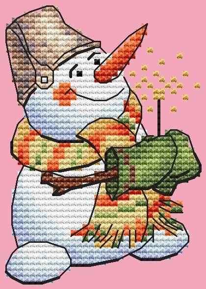 Снеговик с бенгальским огнем, схема для вышивки