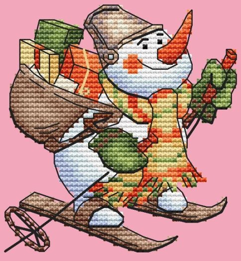 Снеговик на лыжах, схема для вышивки