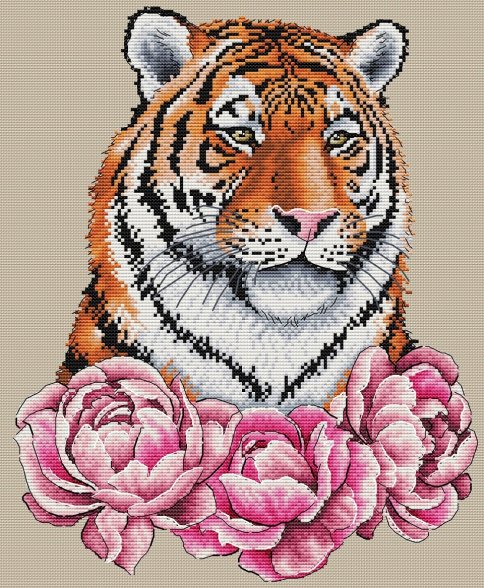 Тигр с розовыми пионами, схема для вышивки
