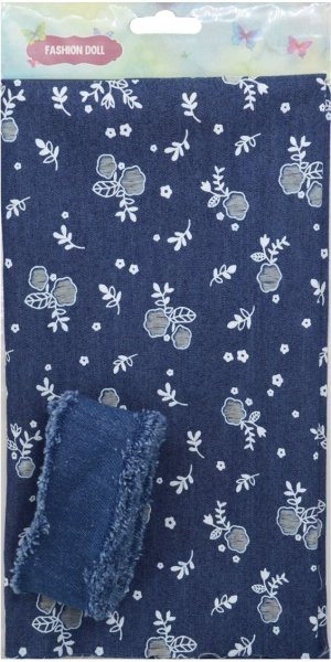 Ткань декоративная джинсовая с тесьмой, 29390, темно-синяя с цветами
