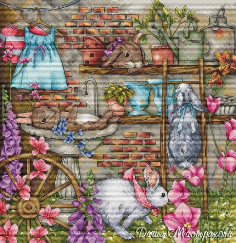 Сад с кроликами, схема для вышивки