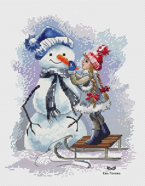 Снеговик и девочка, схема для вышивки