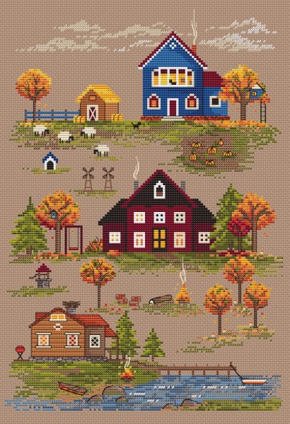 Осенняя деревенька, схема для вышивки