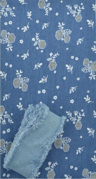 Ткань декоративная джинсовая с тесьмой, 29390, синяя с цветами