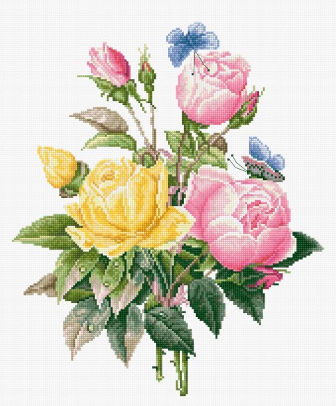 Желтые розы и бенгальские розы, набор для вышивания