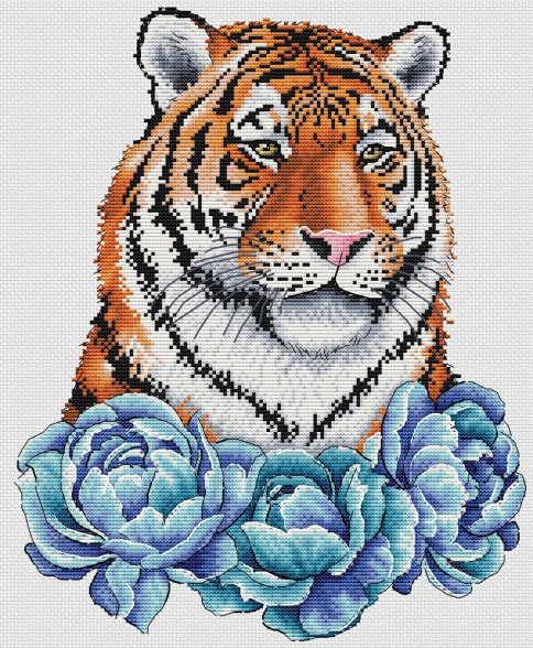Тигр с синими пионами, схема для вышивки