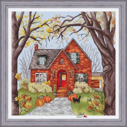Осенний дом с кошкой, схема для вышивания