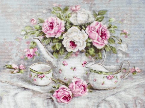 Чайный сервиз и розы, набор для вышивания