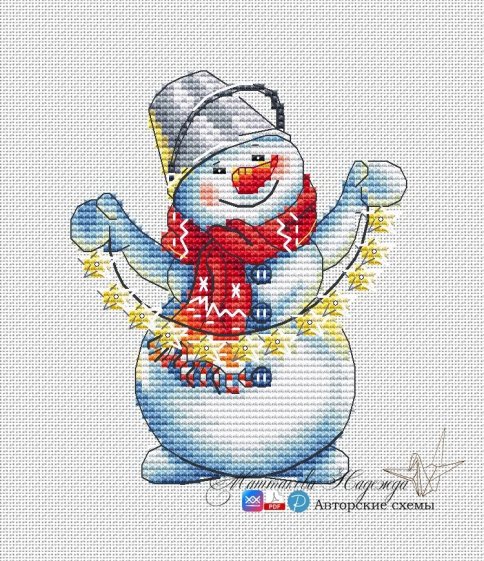 Снеговик с гирляндой, схема для вышивания