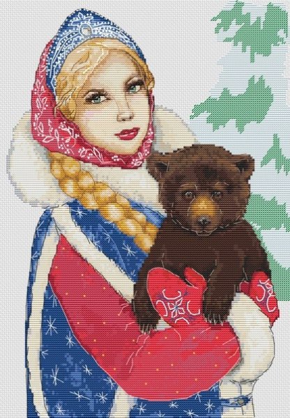 Снегурочка и ее медвежонок, схема для вышивки 