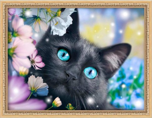 Черный кот в цветах, алмазная мозаика