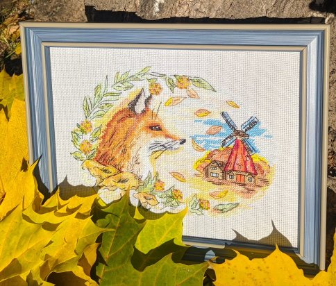 Осення лиса у мельницы, схема для вышивания