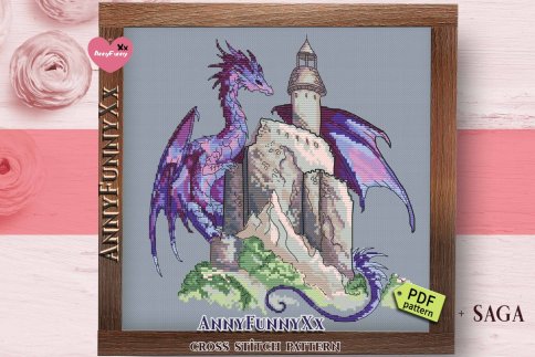 Пурпурный дракон с замком, схема для вышивания