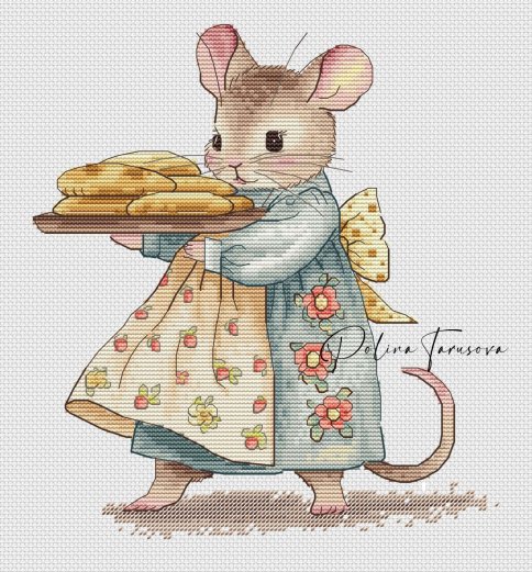  Винтажная мышь с пирогами, схема для вышивания