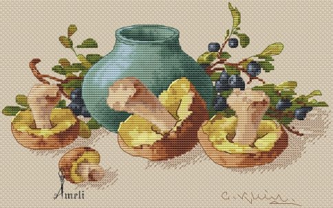 Натюрморт "Черника и грибы", схема для вышивки