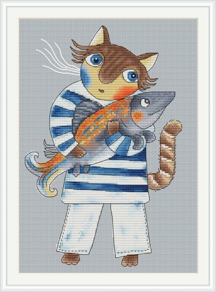 Кот рыбак, схема для вышивки