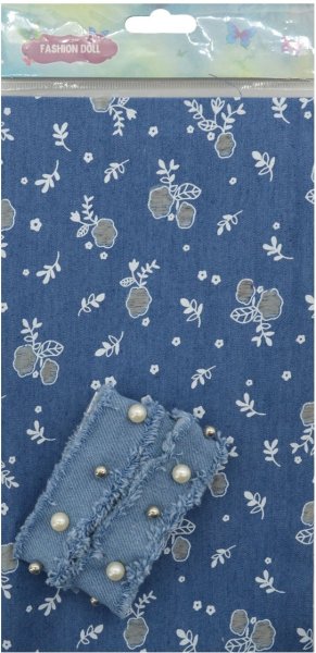 Ткань декоративная джинсовая с тесьмой, 29391, синяя с цветами