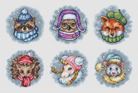 Животные в зимних шапках, схема для вышивки
