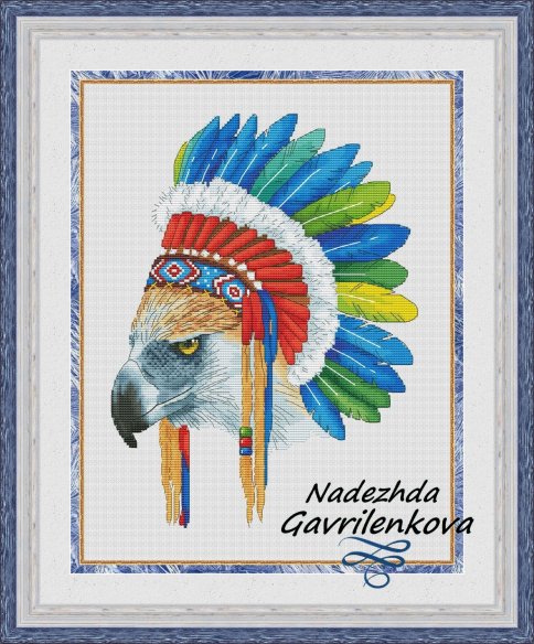 Индейский орел с зелеными перьями, схема для вышивки