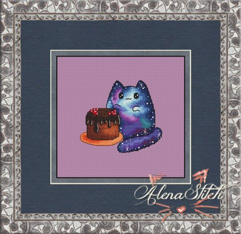 Космо-кот с тортиком, схема для вышивки