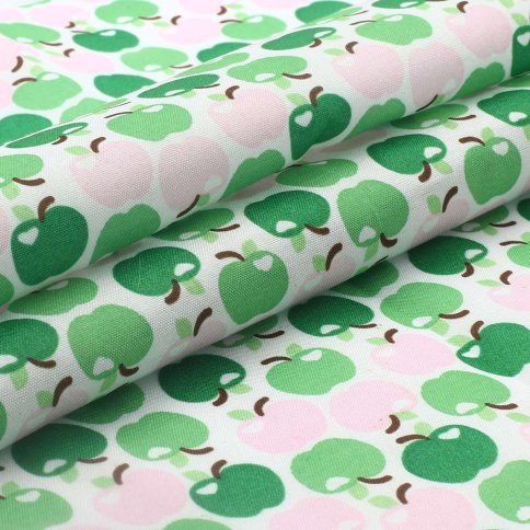 Ткань декоративная Цветные яблочки, зеленый/розовый