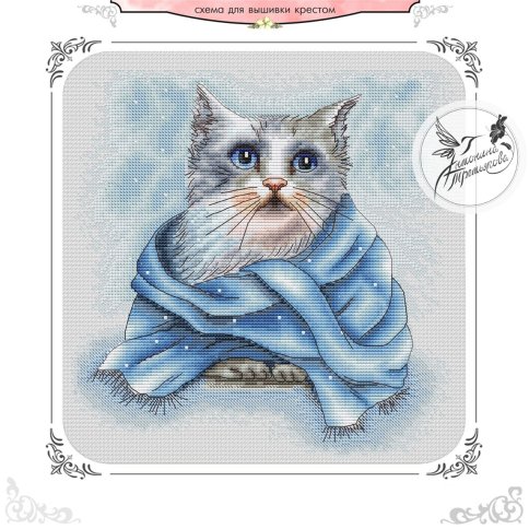 Котик в голубом шарфике, схема для вышивки