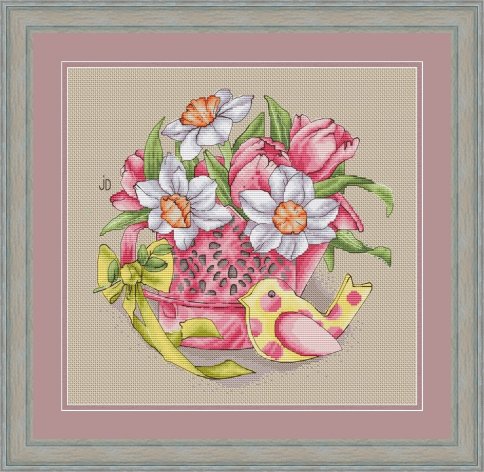 Нарциссы с тюльпанами, авторская схема для вышивки крестиком