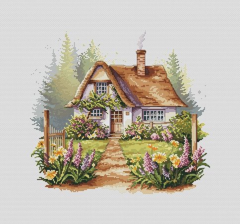 Очаровательный английский дом с садом, схема для вышивки крестом