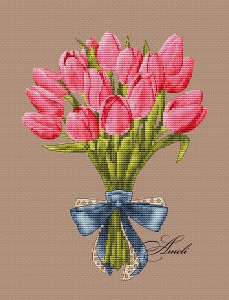 Розовые тюльпаны с бантом, схема для вышивки