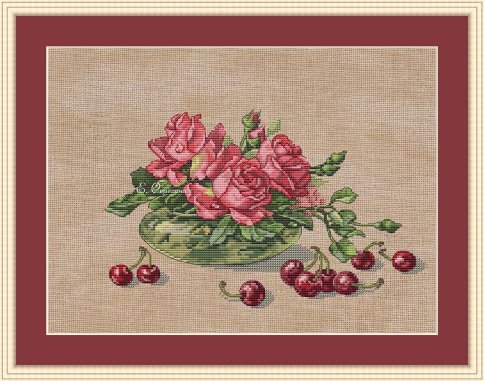 Розы и черешня, схема для вышивания