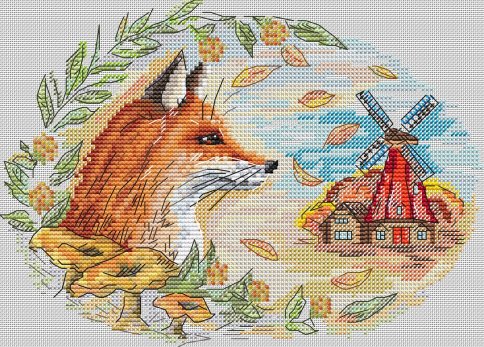 Осення лиса у мельницы, схема для вышивания